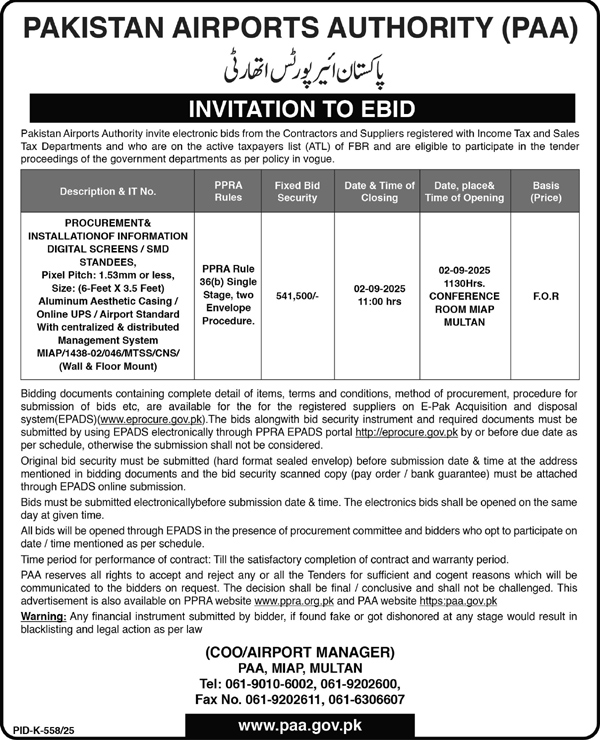 Pakistan Airports Authority Karachi Tender Notice